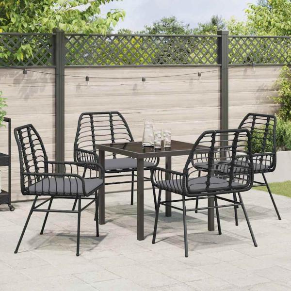 5-teiliges Garten-Ess-Set mit Kissen in Schwarz Poly-Rattan