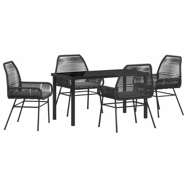 5-teiliges Garten-Dining-Set mit Kissen Schwarz Poly Rattan