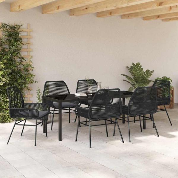 7-teiliges Garten-Ess-Set mit Kissen, schwarzes Poly-Rattan