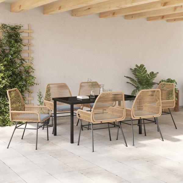 7-teiliges Garten-Essset mit Kissen in Braun aus Poly-Rattan