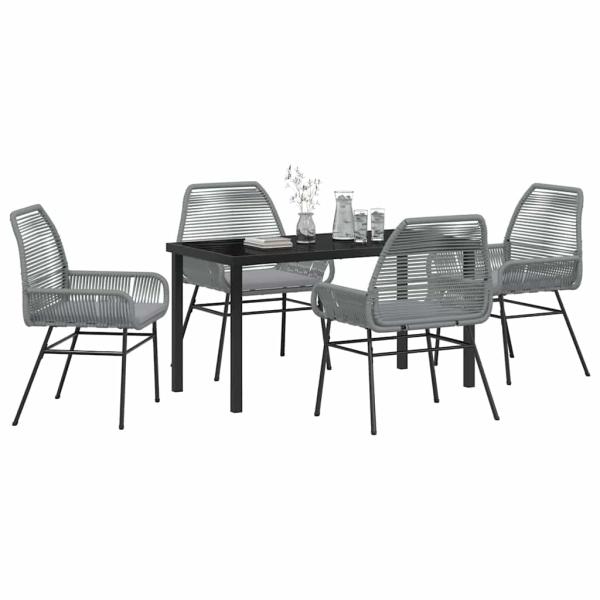 5-teiliges Garten-Esstisch-Set mit Kissen Grau Poly-Rattan
