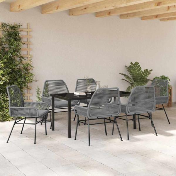 7-teiliges Garten-Esszimmer-Set mit Kissen in Grau aus Poly-Rattan