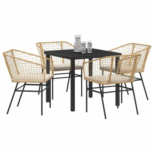 5-teiliges Garten-Essset mit Kissen braunem Poly-Rattan