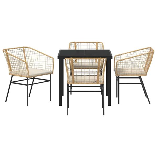 5-teiliges Garten-Essset mit Kissen braunem Poly-Rattan