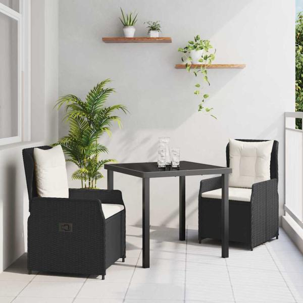 ARDEBO.de - 3-teiliges Garten-Essset Schwarz Poly-Rattan, Gartentisch Schwarz 80x80x73 cm Sicherheitsglas