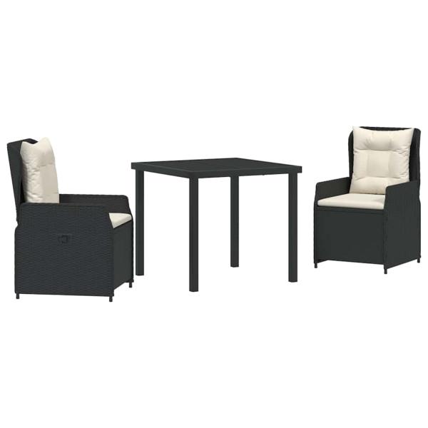 3-teiliges Garten-Essset Schwarz Poly-Rattan, Gartentisch Schwarz 80x80x73 cm Sicherheitsglas