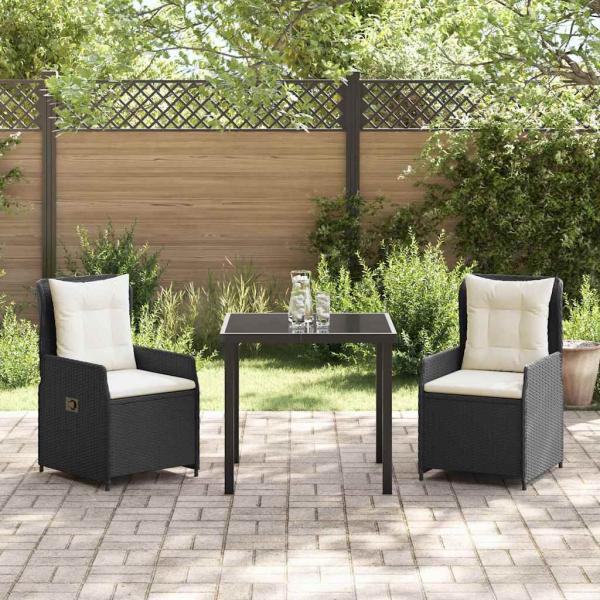 3-teiliges Garten-Essset Schwarz Poly-Rattan, Gartentisch Schwarz 80x80x73 cm Sicherheitsglas