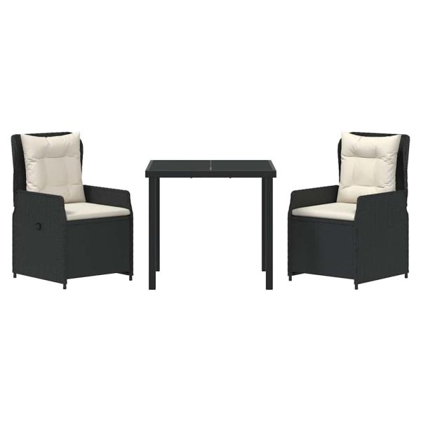 3-teiliges Garten-Essset Schwarz Poly-Rattan, Gartentisch Schwarz 80x80x73 cm Sicherheitsglas