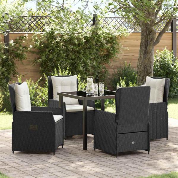 ARDEBO.de - 5-teiliges Garten-Esstischset schwarzes Poly-Rattan, Gartentisch Schwarz 80x80x73 cm Sicherheitsglas