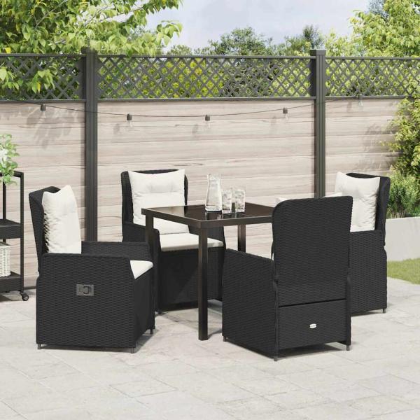 5-teiliges Garten-Esstischset schwarzes Poly-Rattan, Gartentisch Schwarz 80x80x73 cm Sicherheitsglas
