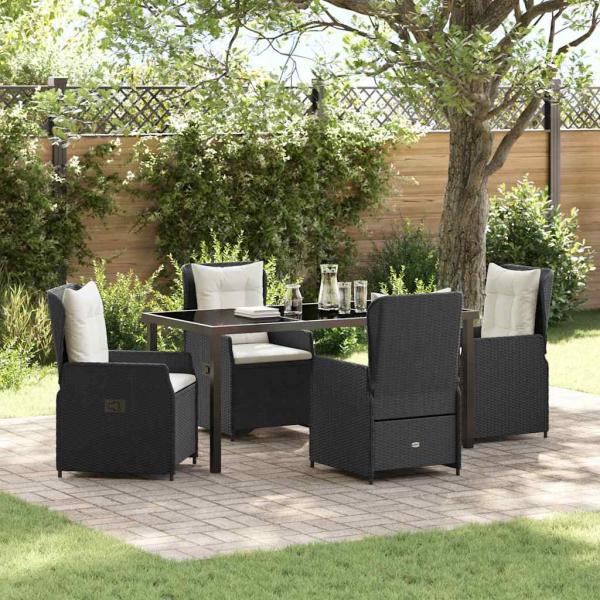 ARDEBO.de - 5-teiliges Garten-Essgruppe Schwarz Polyrattan, Gartentisch Schwarz 160x80x73 cm Sicherheitsglas
