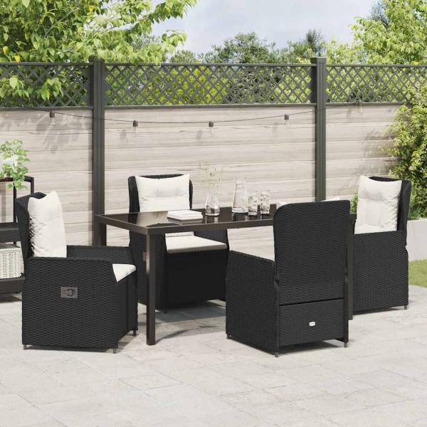 5-teiliges Garten-Essgruppe Schwarz Polyrattan, Gartentisch Schwarz 160x80x73 cm Sicherheitsglas