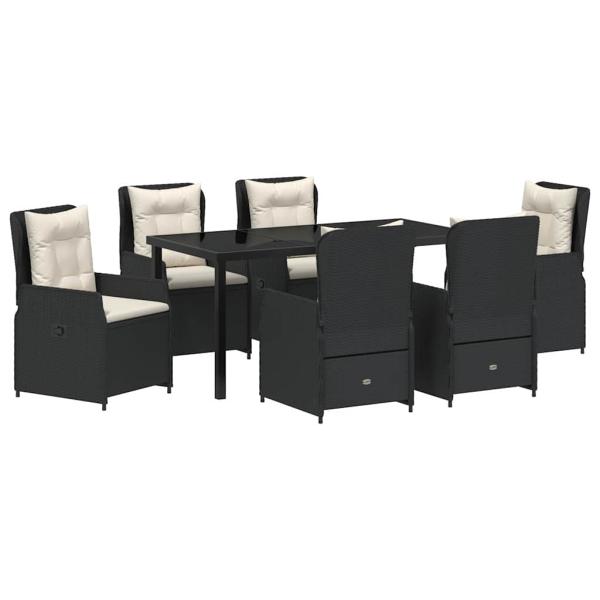 7-teiliges Garten Esszimmer Set Schwarz Poly-Rattan, Gartentisch Schwarz 160x80x73 cm Sicherheitsglas