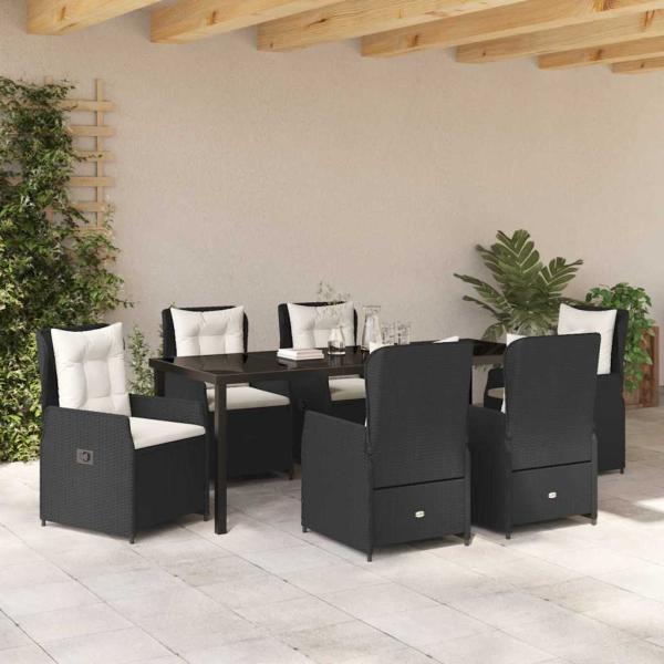 7-teiliges Garten Essset Schwarzes Poly Rattan, Gartentisch Schwarz 200x80x73 cm Sicherheitsglas