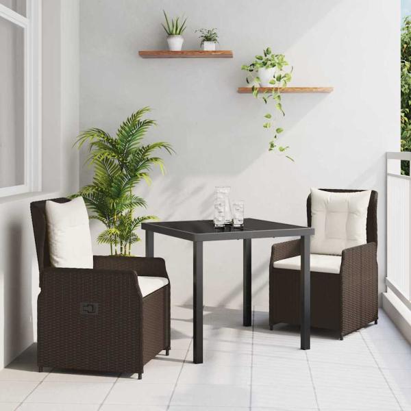 ARDEBO.de - 3-teiliges Garten Essset Braunes Poly-Rattan, Gartentisch Schwarz 80x80x73 cm Getempertes Glas