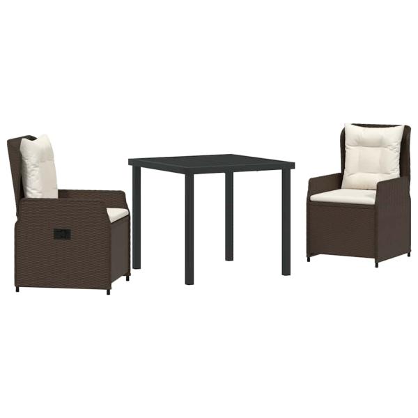 3-teiliges Garten Essset Braunes Poly-Rattan, Gartentisch Schwarz 80x80x73 cm Getempertes Glas