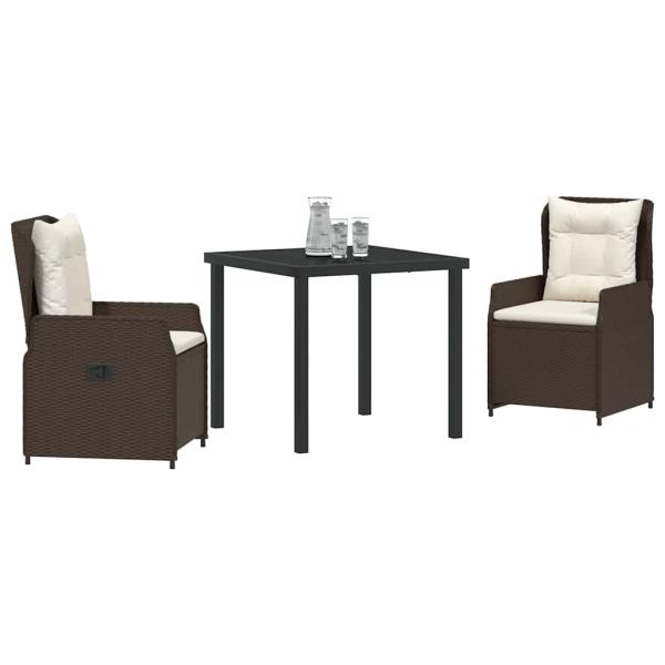3-teiliges Garten Essset Braunes Poly-Rattan, Gartentisch Schwarz 80x80x73 cm Getempertes Glas