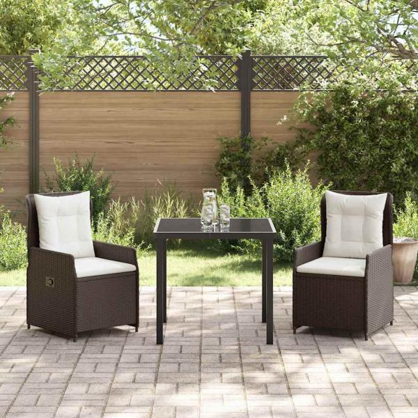 3-teiliges Garten Essset Braunes Poly-Rattan, Gartentisch Schwarz 80x80x73 cm Getempertes Glas