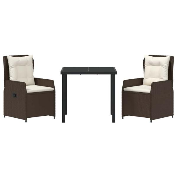 3-teiliges Garten Essset Braunes Poly-Rattan, Gartentisch Schwarz 80x80x73 cm Getempertes Glas