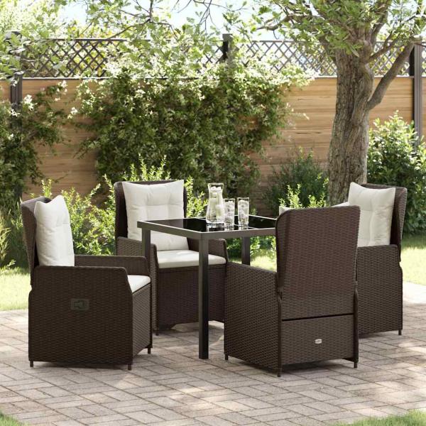 ARDEBO.de - 5-teiliges Garten Esszimmer Set Braun Poly Rattan, Gartentisch Schwarz 80x80x73 cm Sicherheitsglas