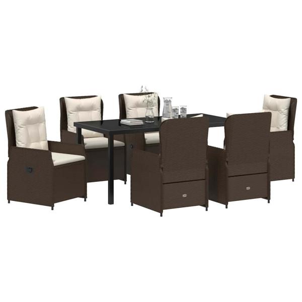 7-teiliges Garten Essset Braun Poly Rattan, Gartentisch Schwarz 160x80x73 cm Sicherheitsglas