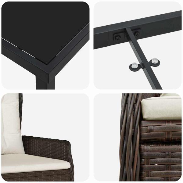 9-teiliges Garten Essset Braun Poly-Rattan, Gartentisch Schwarz 200x80x73 cm Sicherheitsglas