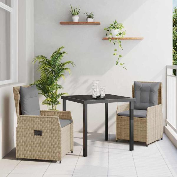 ARDEBO.de - 3-teiliges Garten Essset Beiges Poly Rattan, Gartentisch Schwarz 80x80x73 cm Tempered Glass