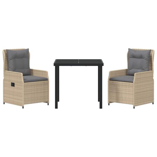 3-teiliges Garten Essset Beiges Poly Rattan, Gartentisch Schwarz 80x80x73 cm Tempered Glass
