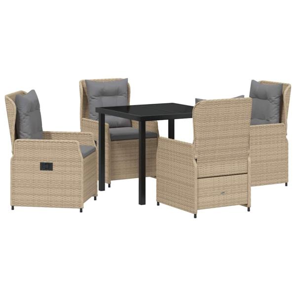 5-teilige Garten Essgruppe Beige Poly Rattan, Gartentisch Schwarz 80x80x73 cm Sicherheitsglas