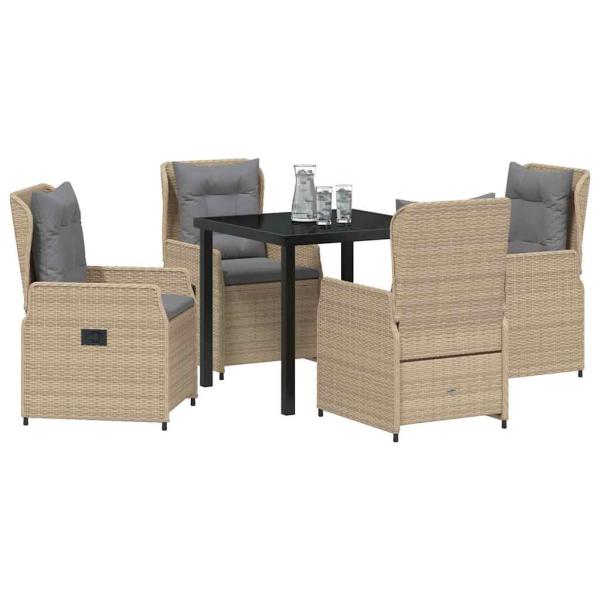 5-teilige Garten Essgruppe Beige Poly Rattan, Gartentisch Schwarz 80x80x73 cm Sicherheitsglas
