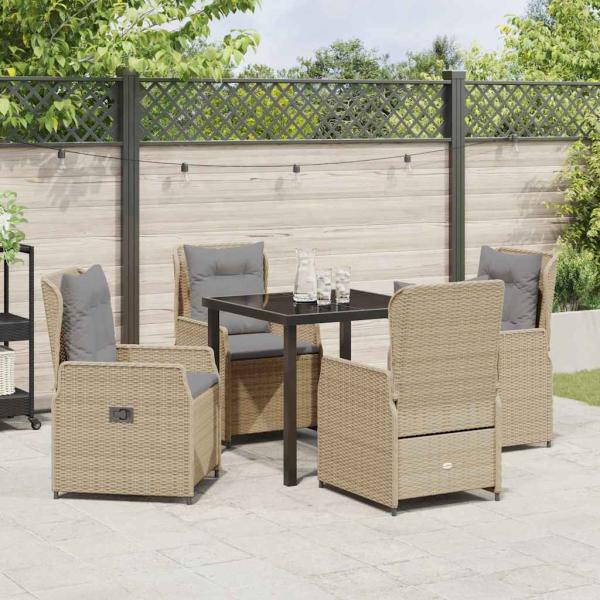 5-teilige Garten Essgruppe Beige Poly Rattan, Gartentisch Schwarz 80x80x73 cm Sicherheitsglas