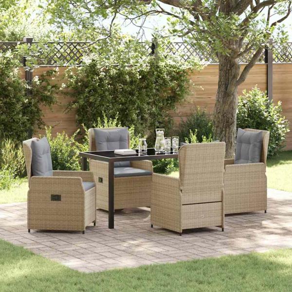 ARDEBO.de - 5-teiliges Garten Essgruppe Beige Poly-Rattan, Gartentisch Schwarz 140x80x73 cm Temperglas