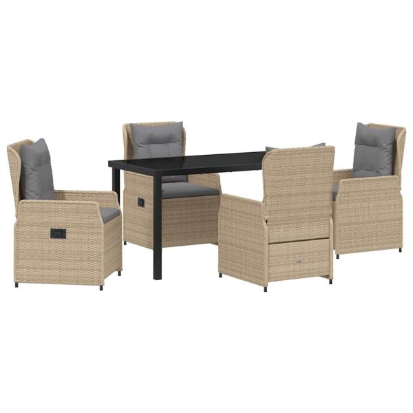 5-teiliges Garten Essgruppe Beige Poly-Rattan, Gartentisch Schwarz 140x80x73 cm Temperglas