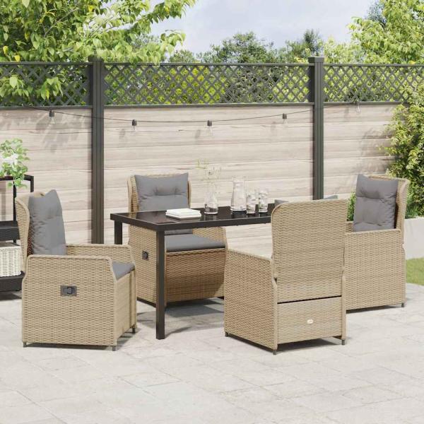 5-teiliges Garten Essgruppe Beige Poly-Rattan, Gartentisch Schwarz 140x80x73 cm Temperglas