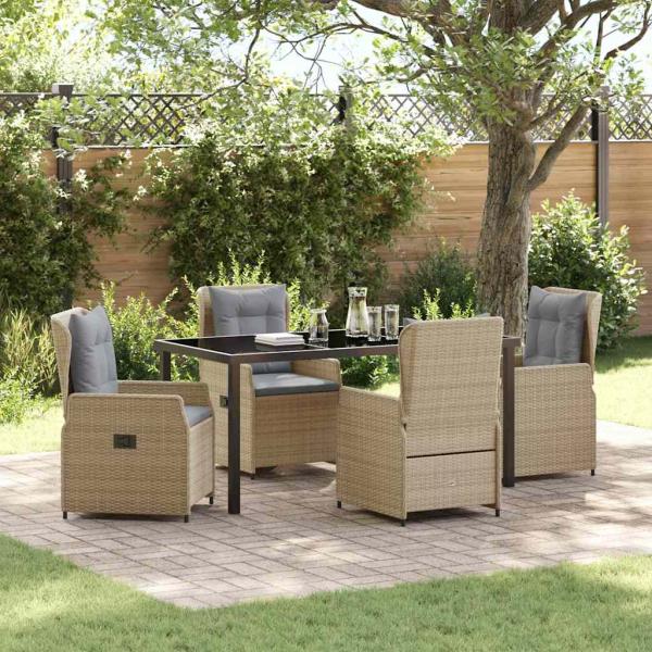 ARDEBO.de - 5-teiliges Garten Essset Beige Poly-Rattan, Gartentisch Schwarz 160x80x73 cm ohne Sicherheitsglas