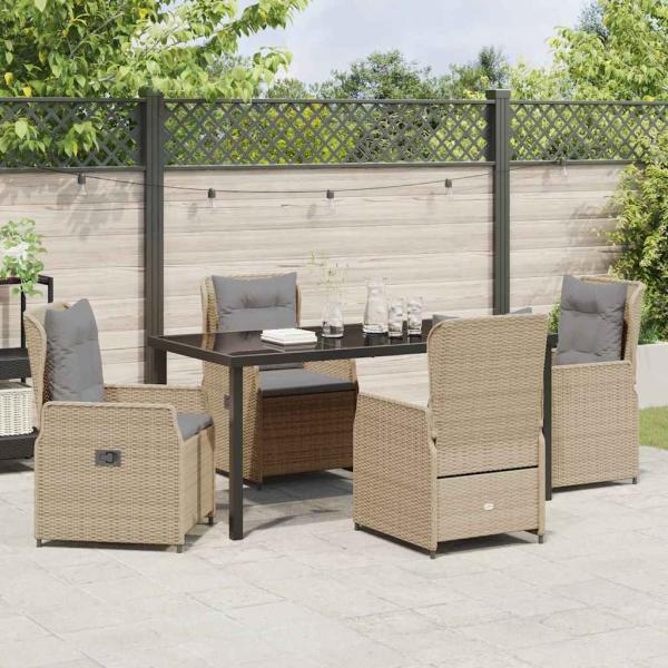 5-teiliges Garten Essset Beige Poly-Rattan, Gartentisch Schwarz 160x80x73 cm ohne Sicherheitsglas