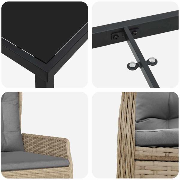 5-teiliges Garten Essset Beige Poly-Rattan, Gartentisch Schwarz 160x80x73 cm ohne Sicherheitsglas