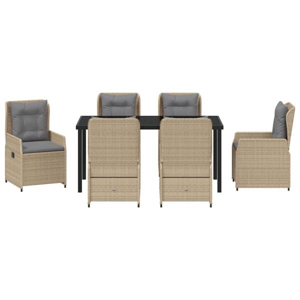 7-teiliges Garten Essgruppe Beige Poly Rattan, Gartentisch Schwarz 160x80x73 cm Sicherheitsglas