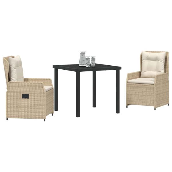 3-teiliges Garten Essset Beige Poly-Rattan, Gartentisch Schwarz 80x80x73 cm Temperglas