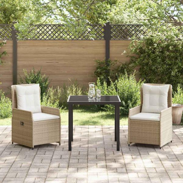 3-teiliges Garten Essset Beige Poly-Rattan, Gartentisch Schwarz 80x80x73 cm Temperglas
