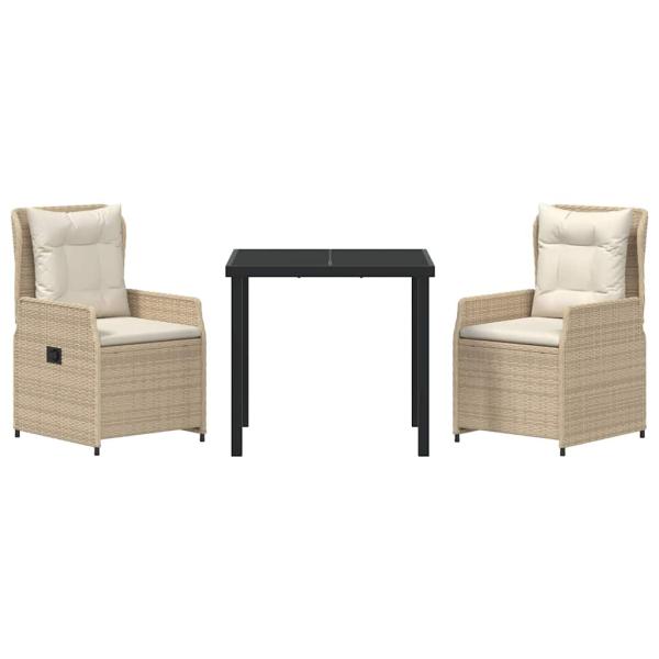 3-teiliges Garten Essset Beige Poly-Rattan, Gartentisch Schwarz 80x80x73 cm Temperglas