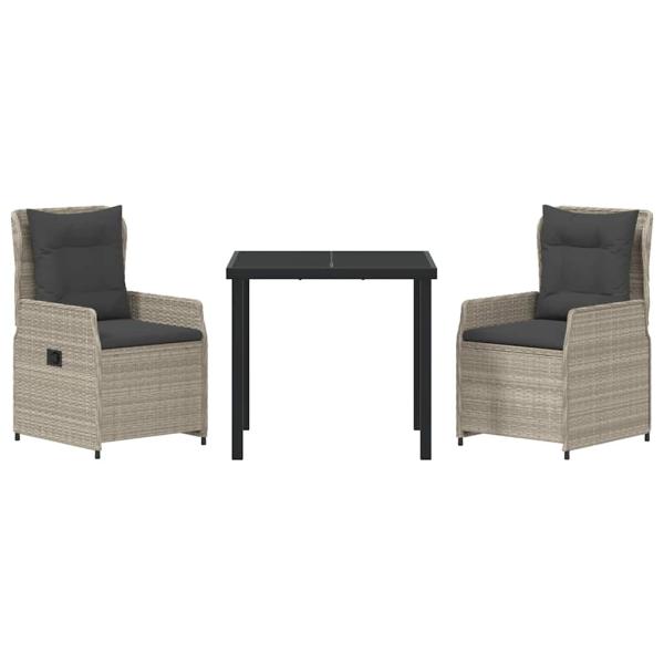 3-teiliges Garten Essset Hellgraues Poly Rattan, Gartentisch Schwarz 80x80x73 cm Sicherheitsglas