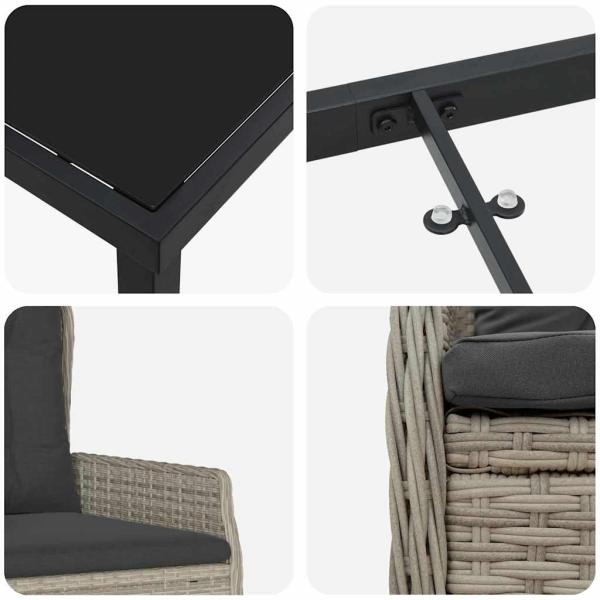 3-teiliges Garten Essset Hellgraues Poly Rattan, Gartentisch Schwarz 80x80x73 cm Sicherheitsglas