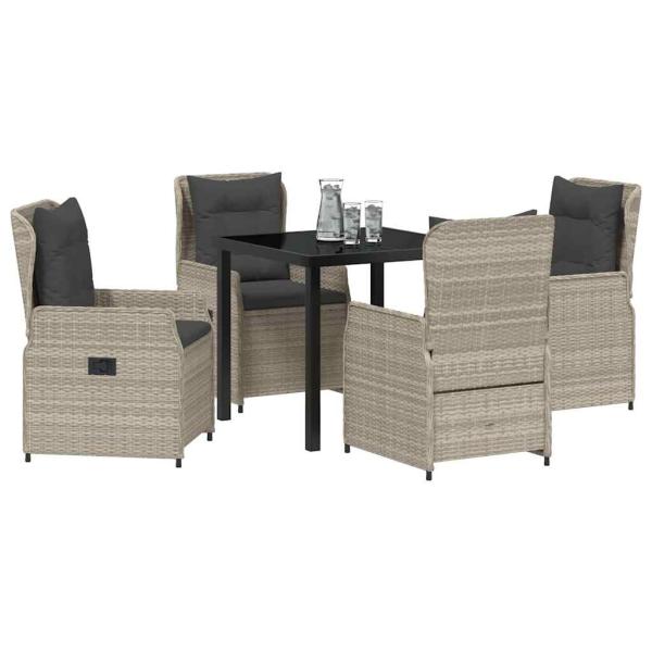 5-teiliges Garten Esstisch Set Hellgrau Poly Rattan, Gartentisch Schwarz 80x80x73 cm Gehärtetes Glas