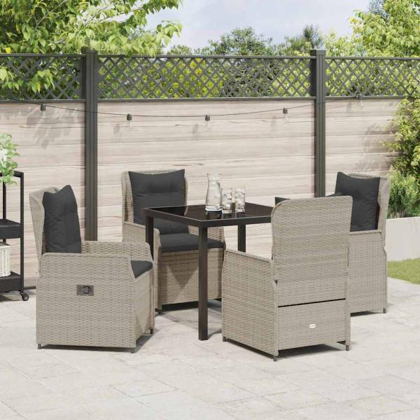 5-teiliges Garten Esstisch Set Hellgrau Poly Rattan, Gartentisch Schwarz 80x80x73 cm Gehärtetes Glas