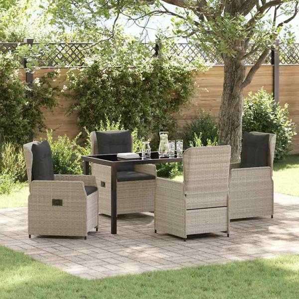 ARDEBO.de - 5-teiliges Garten Essenset Hellgrau Poly Rattan, Gartentisch Schwarz 140x80x73 cm Temperglas