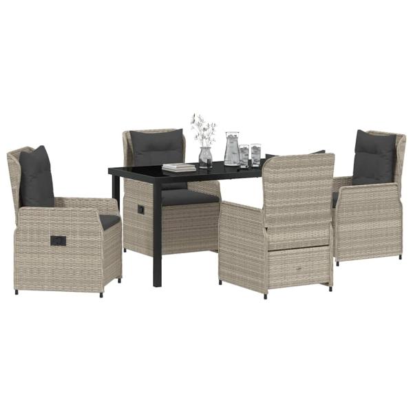 5-teiliges Garten Essenset Hellgrau Poly Rattan, Gartentisch Schwarz 140x80x73 cm Temperglas
