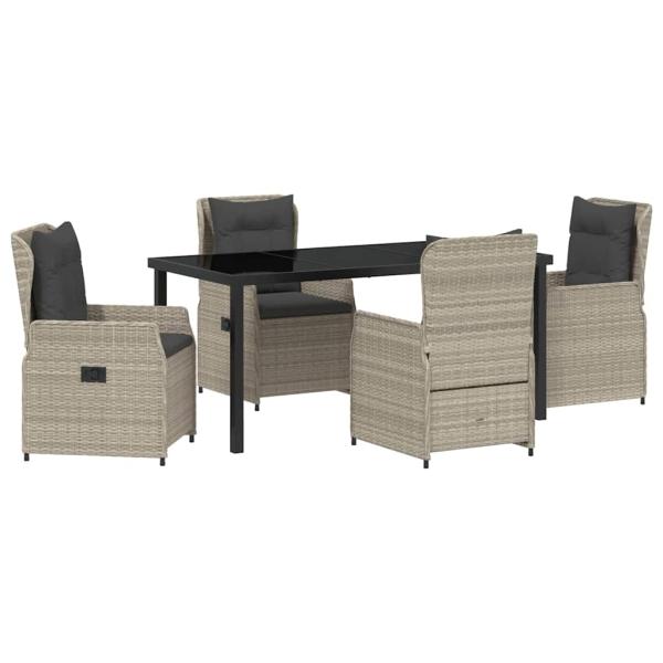 5-teiliges Garten Essset Hellgrau Poly Rattan, Gartentisch Schwarz 160x80x73 cm Sicherheitsglas