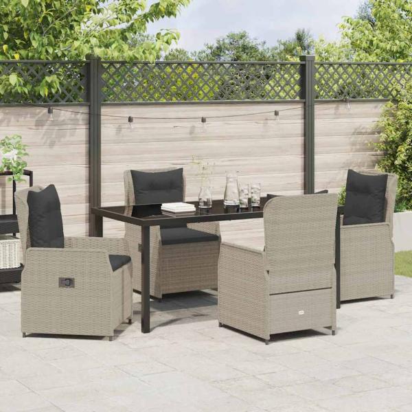 5-teiliges Garten Essset Hellgrau Poly Rattan, Gartentisch Schwarz 160x80x73 cm Sicherheitsglas
