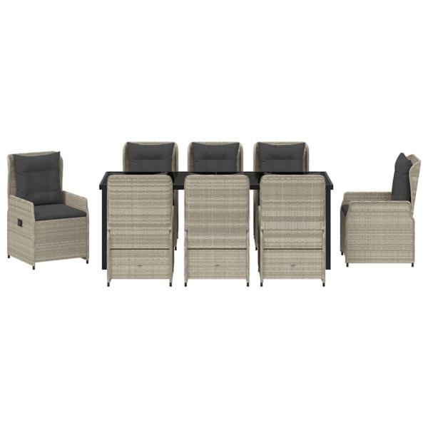 9-teiliges Garten Esszimmer Set Hellgrau Poly Rattan, Gartentisch Schwarz 200x80x73 cm mit Temperglas